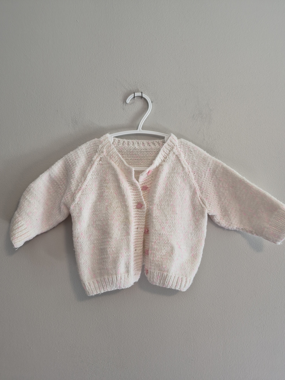 Handmade 12m Pink & White Speckled Knit Caedigan With Pink Rabbit Buttons